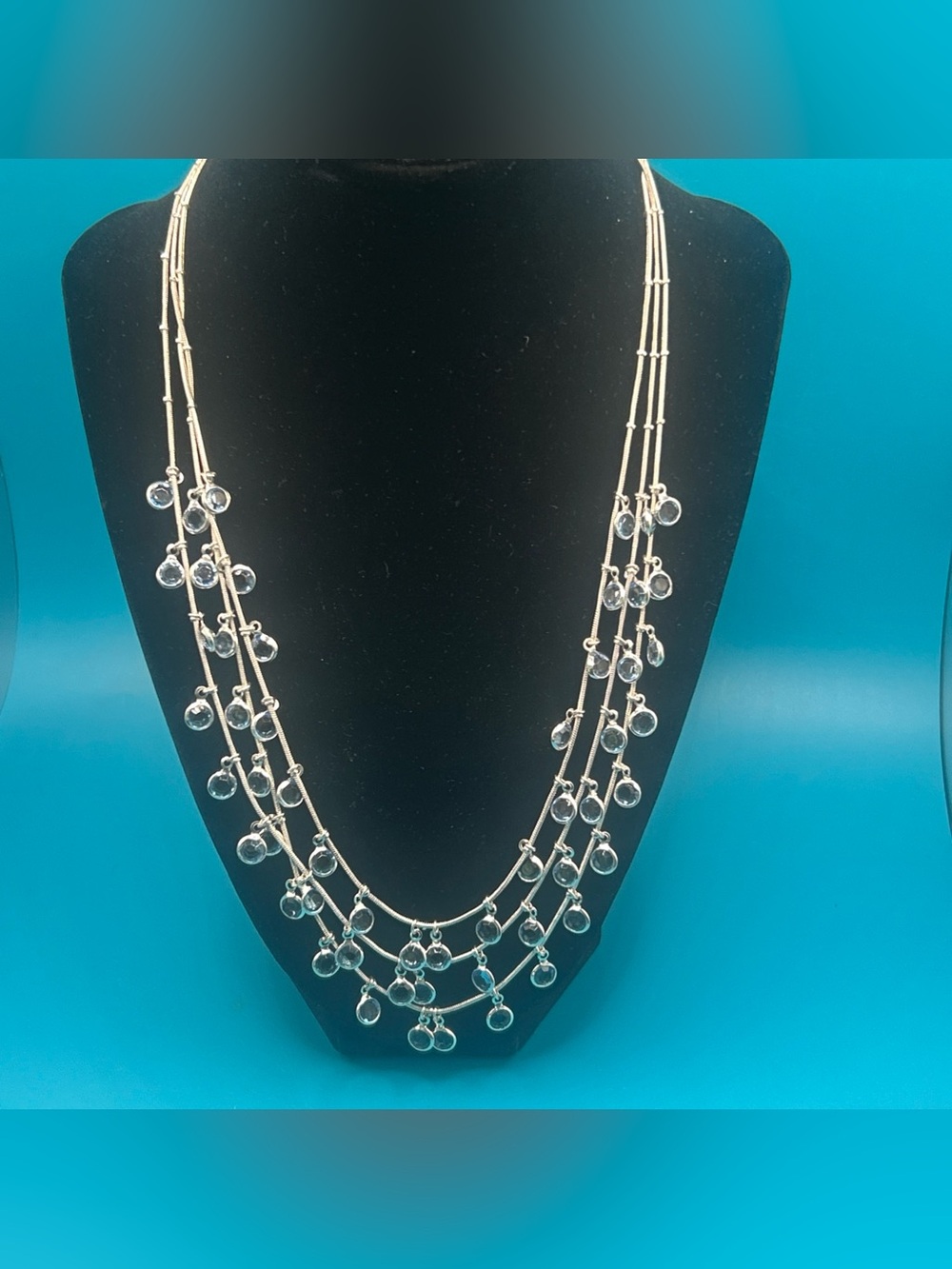 Vintage Anne Klein 3 Strand Necklace W/ Dangle Bezel Set Blue Beads Silvertone - Picture 8 of 9